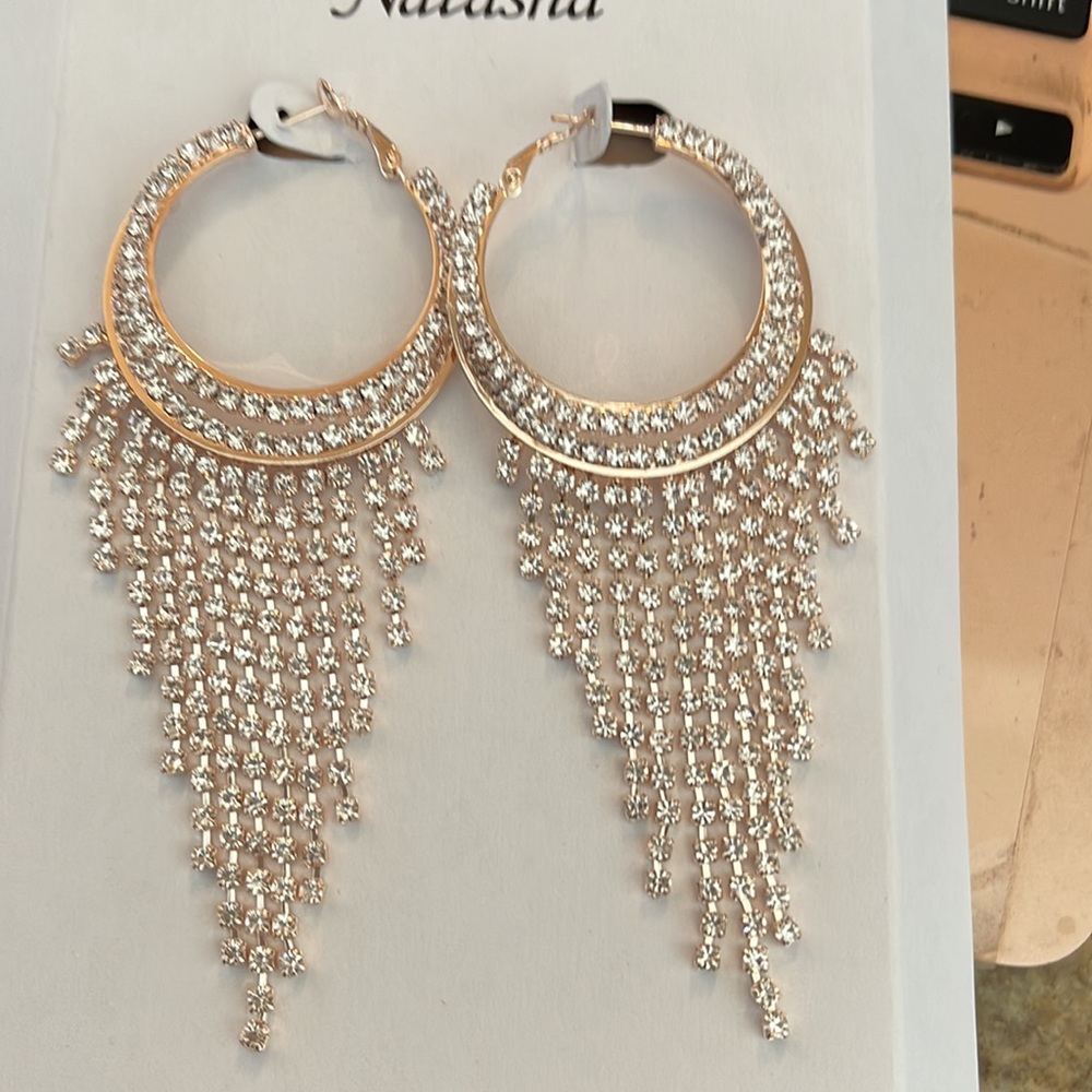 New Natasha Gold Double Hoops w Crystals and waterfalls - Picture 2 of 3